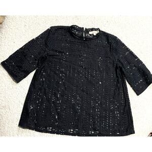 Ann Taylor Loft Short Sleeve Lace Top Womens Sz Small Blouse Black 409411 70068